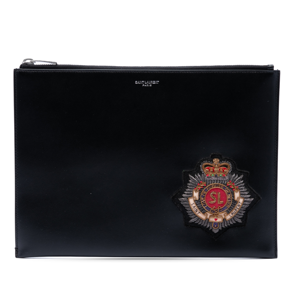 Pre-Loved Saint Laurent Embroidered Crest Calfskin Zippered Clutch